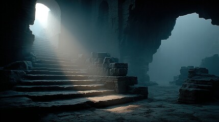 Ethereal Light Illuminates Ancient Stone Staircase in Mysterious Ruined Chamber