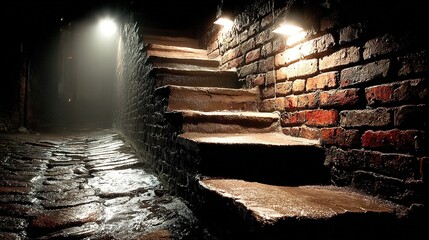Mysterious Brick Staircase Illuminated by Dramatic Spotlights in Foggy Alley