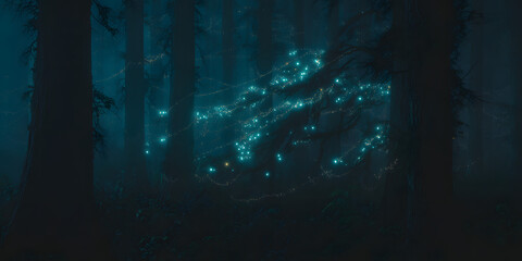Mystical forest glow: An ethereal scene of a luminous, glowing forest, with radiant specks of light interwoven through the dark, dense woods. A breathtaking display of natural wonder.