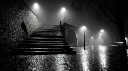 Misty Night Bridge Steps Reflecting Moonlight in Floodwaters