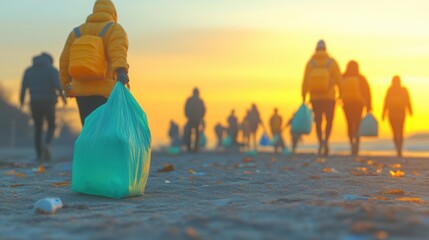 Community cleanup volunteers walk along beach at sunset collecting trash