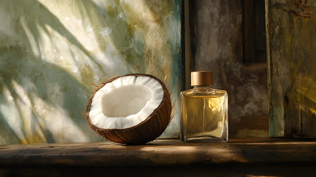 un coco fresco y natural junto un frasco con perfume locion o aceite de coco para la belleza femenina sobre una mesa de madera con espacio de copia cuidado corporal