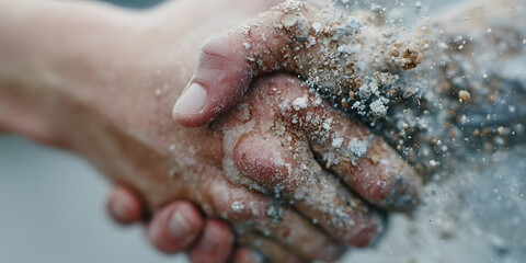 Obraz premium Dusty Partnership: A striking visual metaphor of two hands clasped in a firm handshake, gradually dissolving into fine particles, symbolizing the fragility and fleeting nature of alliances.