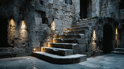 Ancient Stone Stairway Illuminated by Warm Sconce Lighting in a Medieval Setting