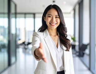 握手を求める若いビジネスウーマン