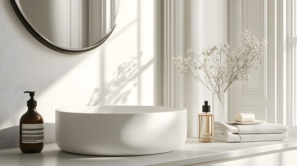 Fototapeta premium acercamiento de la tarima de un baño elegante y de lujo con espejo y frascos con productos para el cuidado personal iluminado y minimalista
