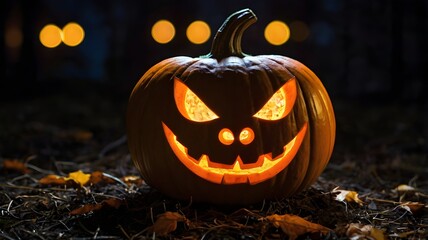Glowing carved pumpkin with menacing face, illuminated in a moody nighttime forest setting, perfect for Halloween themes