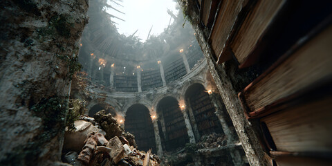 Abandoned Library: A low-angle perspective captures the majesty of an abandoned library, books scattered, illuminated by the natural light of the open ceiling. 
