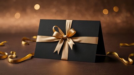 Luxurious black gift card wrapped with golden satin ribbon, set against warm brown backdrop with bokeh lights, perfect for premium invitations, rewards