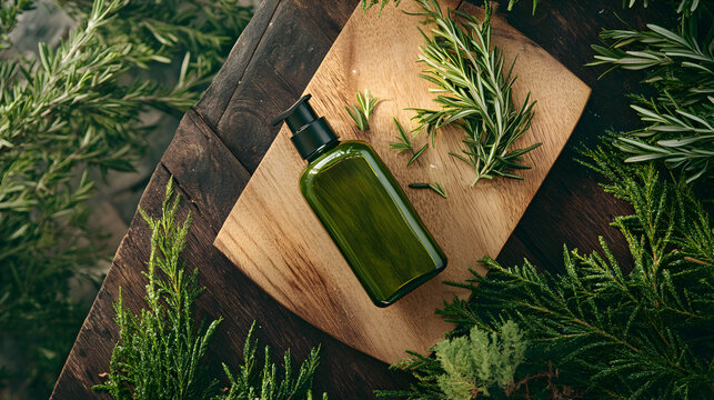 un frasco con shampo o aceite esencial o crema de romero sobre una tabla de madera y ramas de romero decorativas con espacio de copia cuidado personal y spa productos naturales y organicos 
