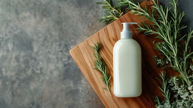 un shampoo o aceites esencial en un frasco elegante y moderno sobre una tabla de madera con plantas de romero decorativas con espacio de copia 