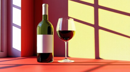 Elegant wine bottle and glass on red table in sunlit room