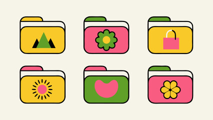 Collection of pastel hued flat design folders for organization and document management