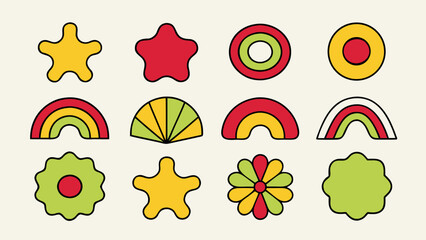 Abstract linocut geometric shapes with funky styles and sticker elements for creative design projects