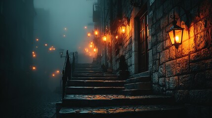 A Mysterious Ascent: Lantern-Lit Stone Steps Vanishing into Thick Fog