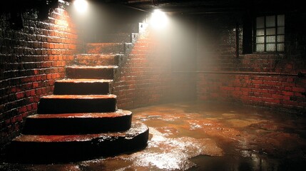 Eerie Brick Stairwell Bathed in Dramatic Spotlight with Misty Atmosphere