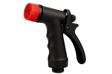 Garden hose nozzle featuring black body, red-tipped design, ergonomic grip, perfect for watering and landscape maintenance tasks