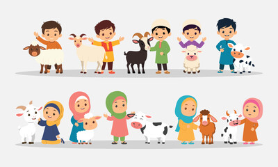 Muslim characters with cows and sheeps vector illustration set