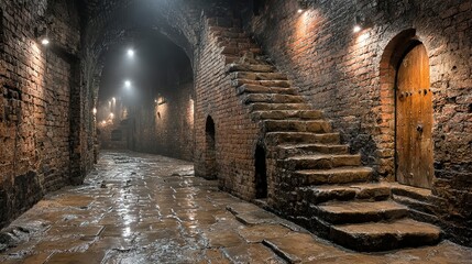 Worn Stone Staircase in a Damp, Arched Brick Tunnel with Glistening Cobblestones