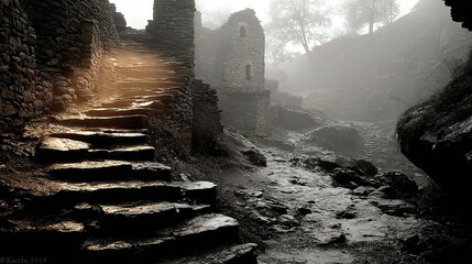 Ancient Stone Staircase Ascends Through Eerie Fog to Ruined Castle Tower