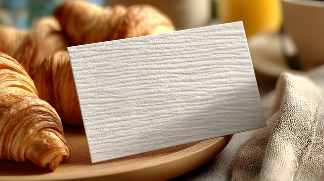 Blank business card mockup on a wooden plate with croissants.