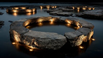 Illuminated Stone Rings in Water: Nighttime Serenity, Golden Glow, Abstract Landscape.
