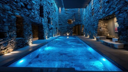 Serene Stone-Walled Pool: Tranquil Blue Lighting and Architectural Elegance
