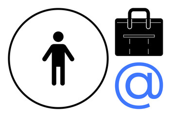 Stick figure within circle next to black briefcase and blue email at symbol. Ideal for professionalism, corporate identity, online communication, remote work, networking, recruitment, simple flat