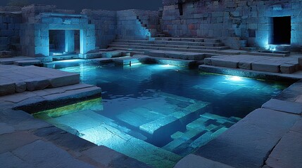 Ancient Stone Pool Illuminated by Blue Light, Hampi, India, Mysterious Tranquility