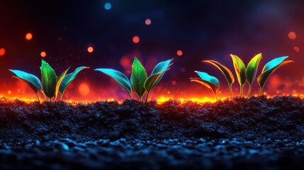 New green sprouts emerging from dark soil with colorful lighting effects