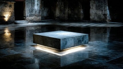 Illuminated Stone Cube in a Dark, Wet Ruin:  Moody Architectural Still Life