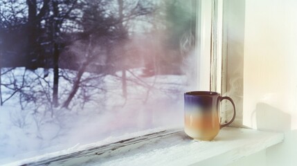 Cozy coffee moment by the window on a snowy winter day