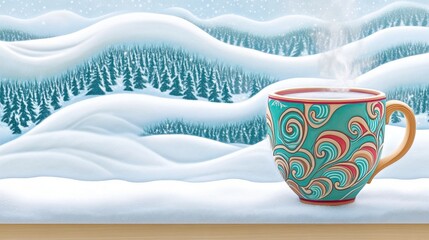 Cozy winter mug of steaming beverage against snowy landscape backdrop