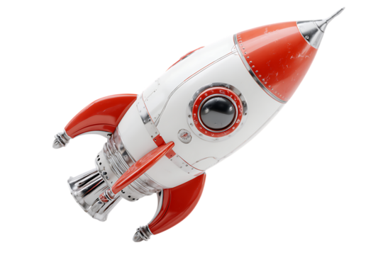 Retro rocket ship soaring through space