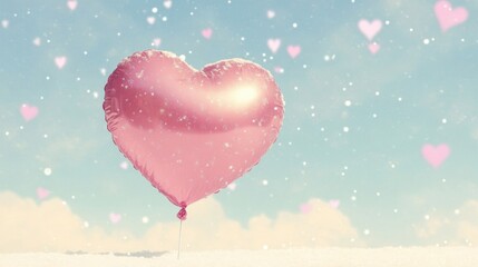 Heart-shaped balloon floating against a clear sky with floating hearts