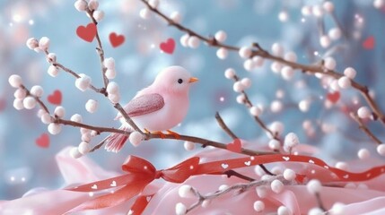 Pink bird perched on a branch with hearts and a ribbon in a soft setting