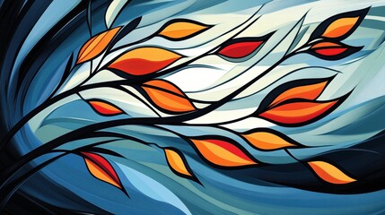 Vibrant abstract artwork of swirling leaves on a blue background