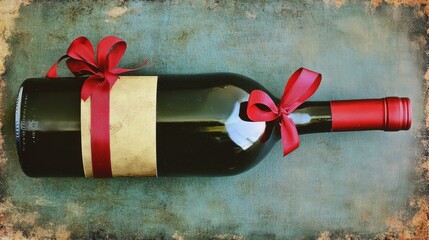 Elegant wine bottle wrapped in ribbon displayed on rustic background