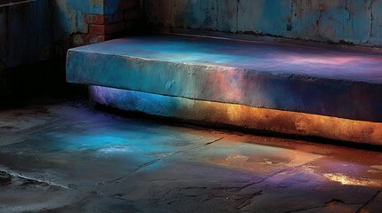 Chromatic Underglow on a Floating Brutalist Bench in a Gritty Urban Corner