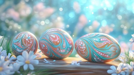 Colorful marbled Easter eggs placed among spring flowers in sunlight