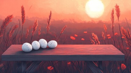 Colorful sunset backdrop with decorative eggs on a wooden table in a field