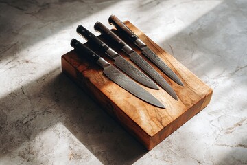 Four knives resting on a wooden block under patterned light