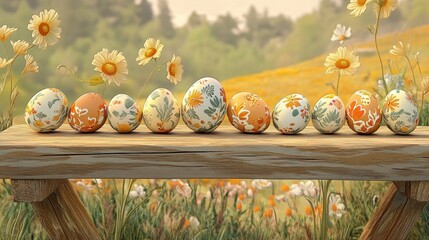 Colorful decorated eggs arranged on a wooden bench in a flower field