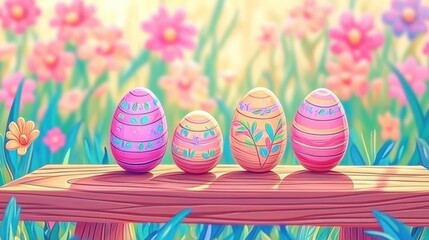 Vibrant decorative eggs set in a colorful spring garden with flowers