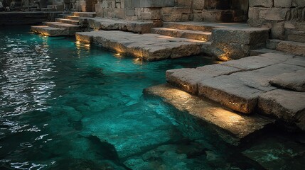 Tranquil Turquoise Pool: Stone Steps and Submerged Lighting, Serene Water Reflections