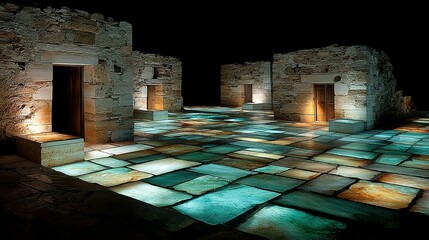 Ethereal Stone Ruins: Illuminated Floor Tiles and Ancient Architecture at Night
