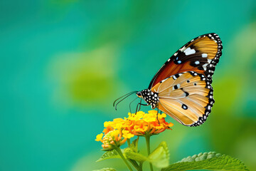 Obraz premium A Butterfly's Serene Moment Sipping Nectar from a Golden Bloom, Bathed in Soft Sunlight, Revealing the Delicate Interplay Between Insect and Plant Life