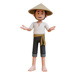 3D Asian Farmer Character in talk and presenting gesture