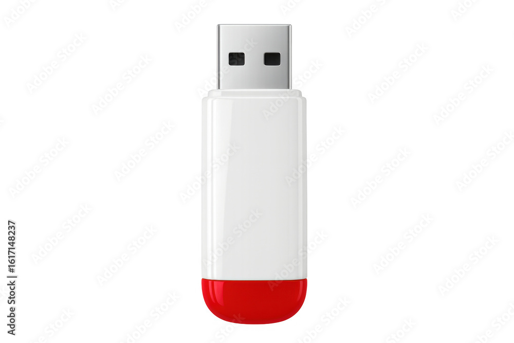 Poster close-up of a white and red usb flash drive isolated on a transparent background, ready for data sto
