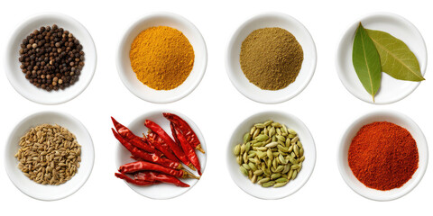 Assorted spices in small white bowls (3)